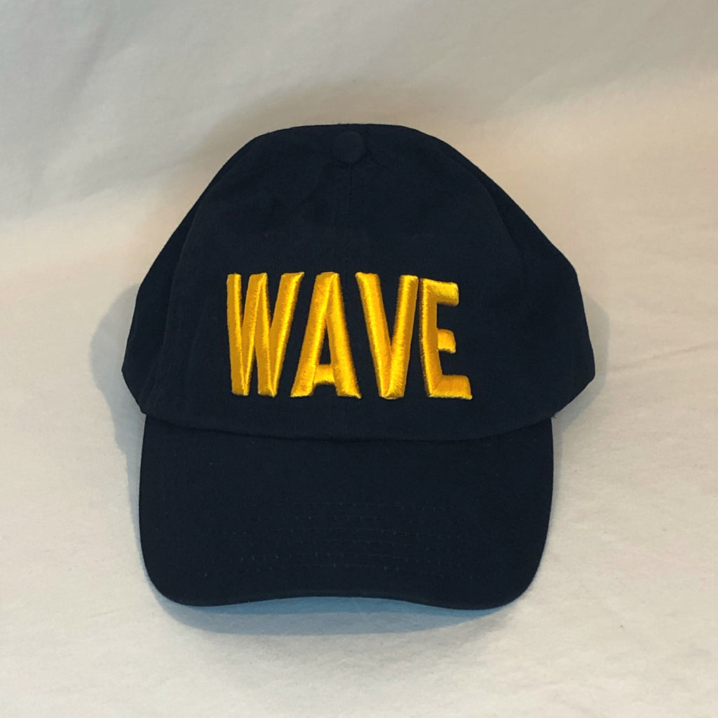 all black adjustable dad hat with wave embroidered in gold on the front in all caps