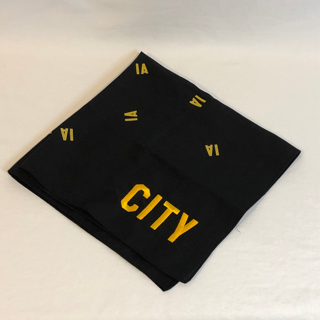 black bandana small IA printed randomly throughout background and city embroidered in corner in gold