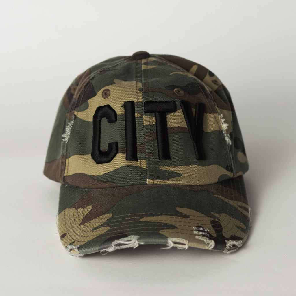 front view CITY Distressed Baseball Hat camo