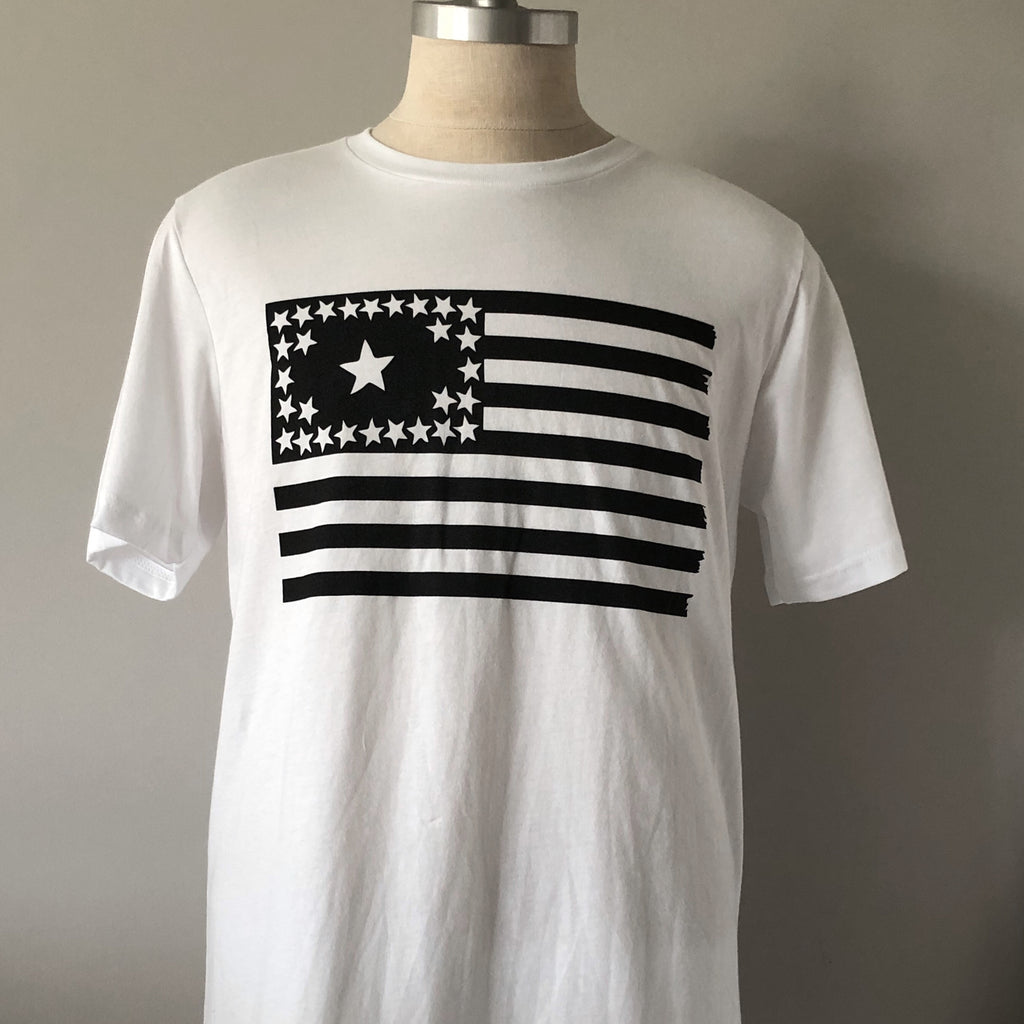 basic white tee on a mannequin featuring the 29 star flag from 1846 on the front of the t-shirt