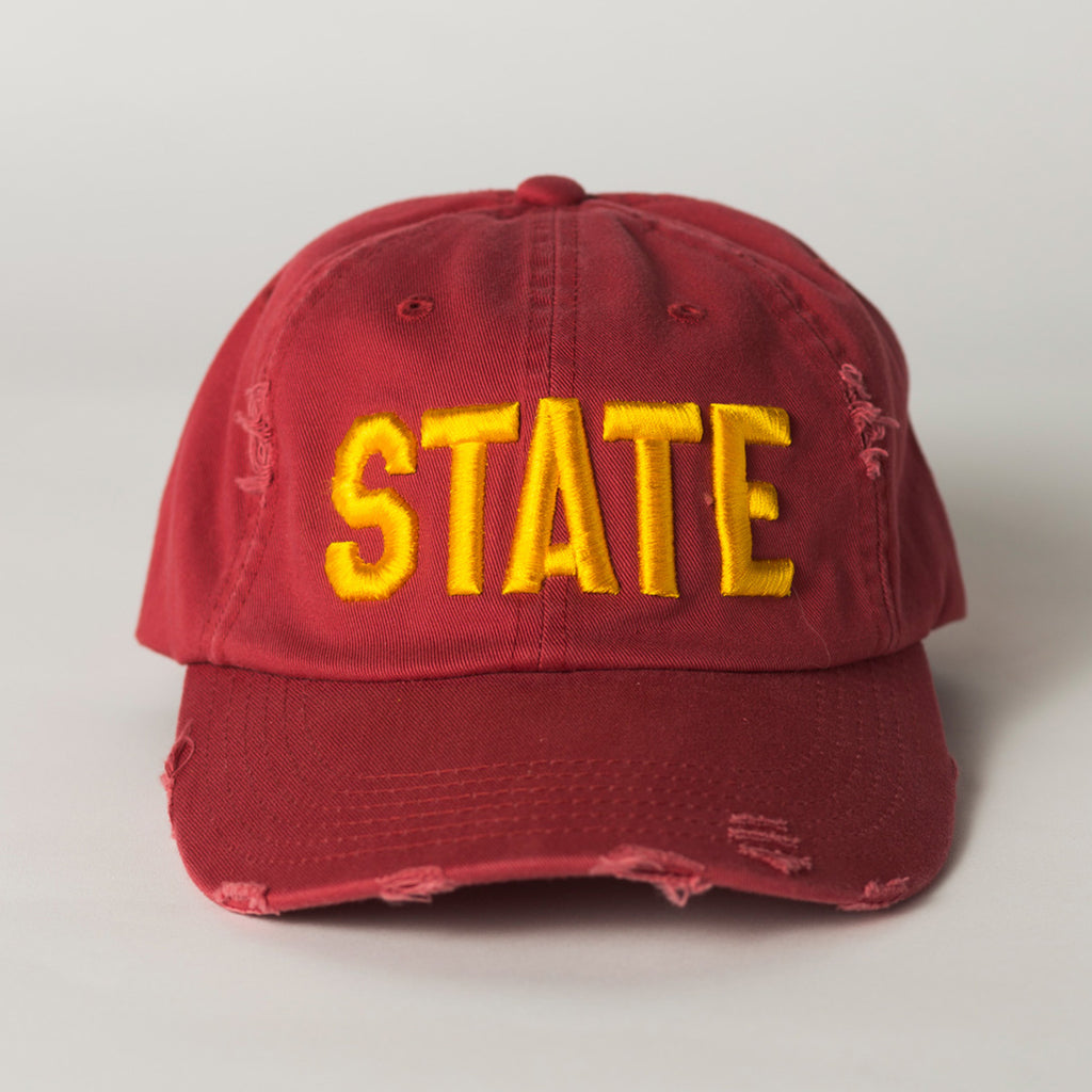 front view STATE Distressed Baseball Hat red
