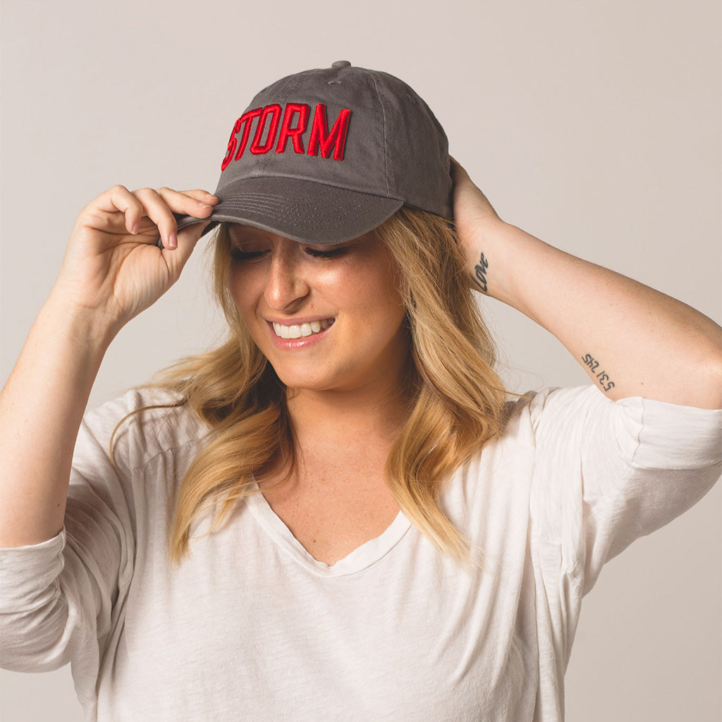 front view on model STORM gray baseball hat
