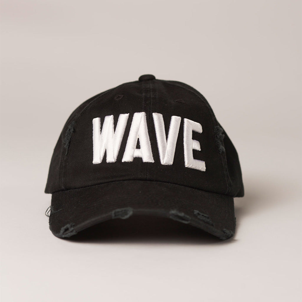 front view WAVE black distressed baseball hat