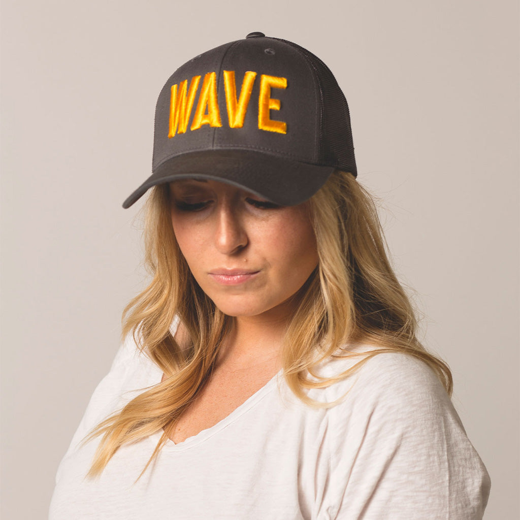 front view WAVE gray trucker hat