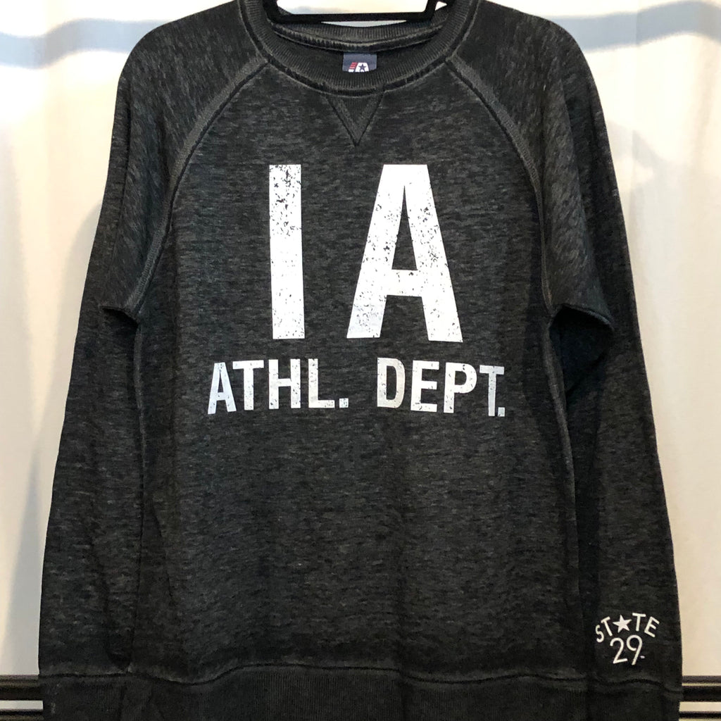 Distressed vintage black crewneck sweatshirt that looks and feels like a sweater featuring bold white type "IA ATHL. DEPT."