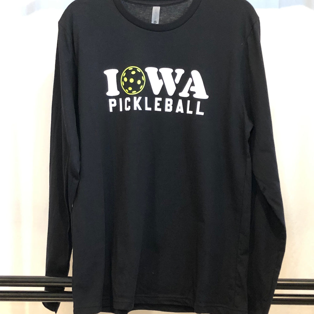 black long sleeve t-shirt with "IOWA PICKLEBALL" screen prtinted on the front the "O" of Iowa is a pickleball